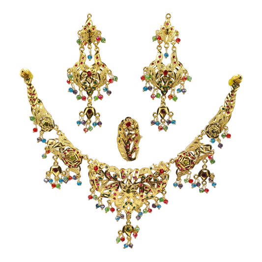 "Exquisite Multicolor Stone Jadau Necklace, Ring, and Jewelry Set"