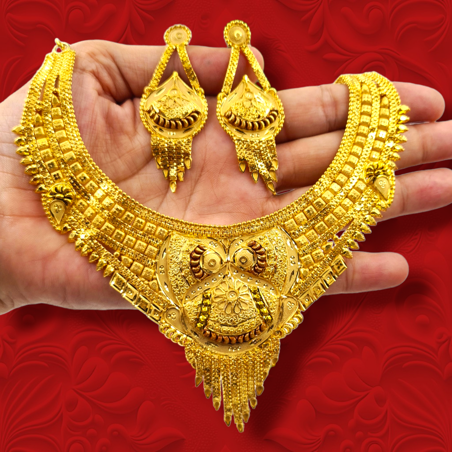 "Exquisite Gold-Plated Necklace and Earrings Ensemble"
