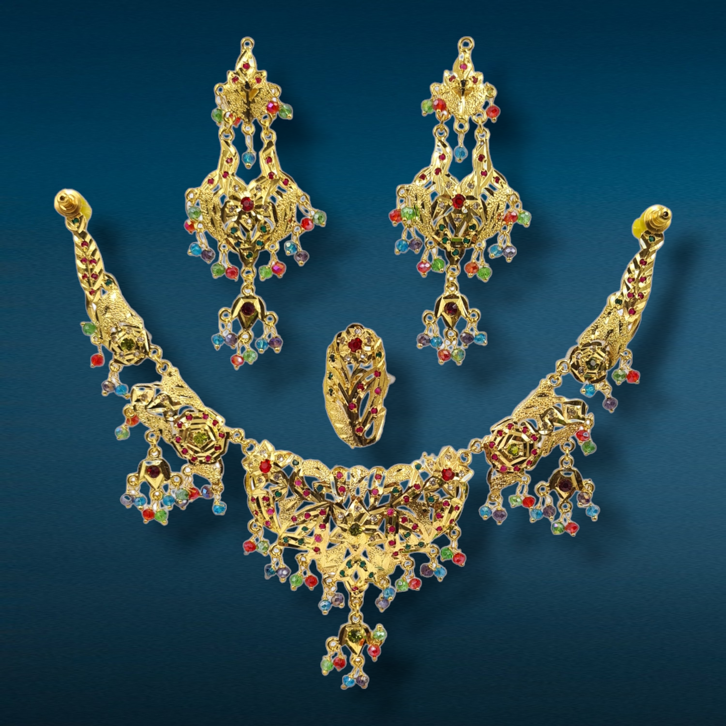 "Exquisite Multicolor Stone Jadau Necklace, Ring, and Jewelry Set"