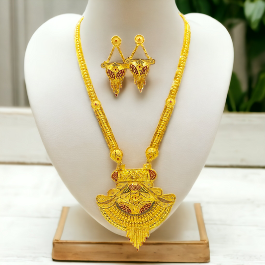 "Sophisticated Gilded Necklace and Earrings Pairing"