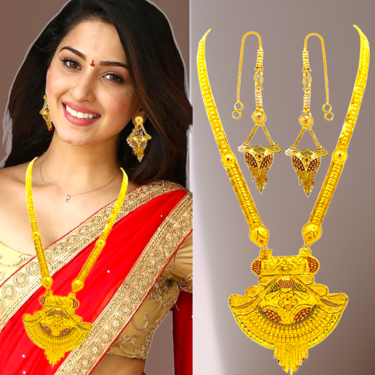 "Sophisticated Gilded Necklace and Earrings Pairing"
